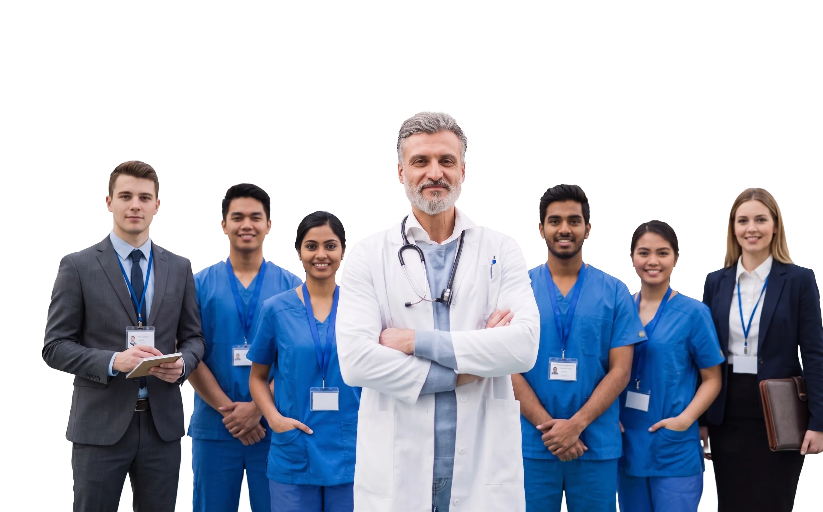 Seven clinicians standing together — a doctor in a white coat at the centre, nurses in scrubs beside him